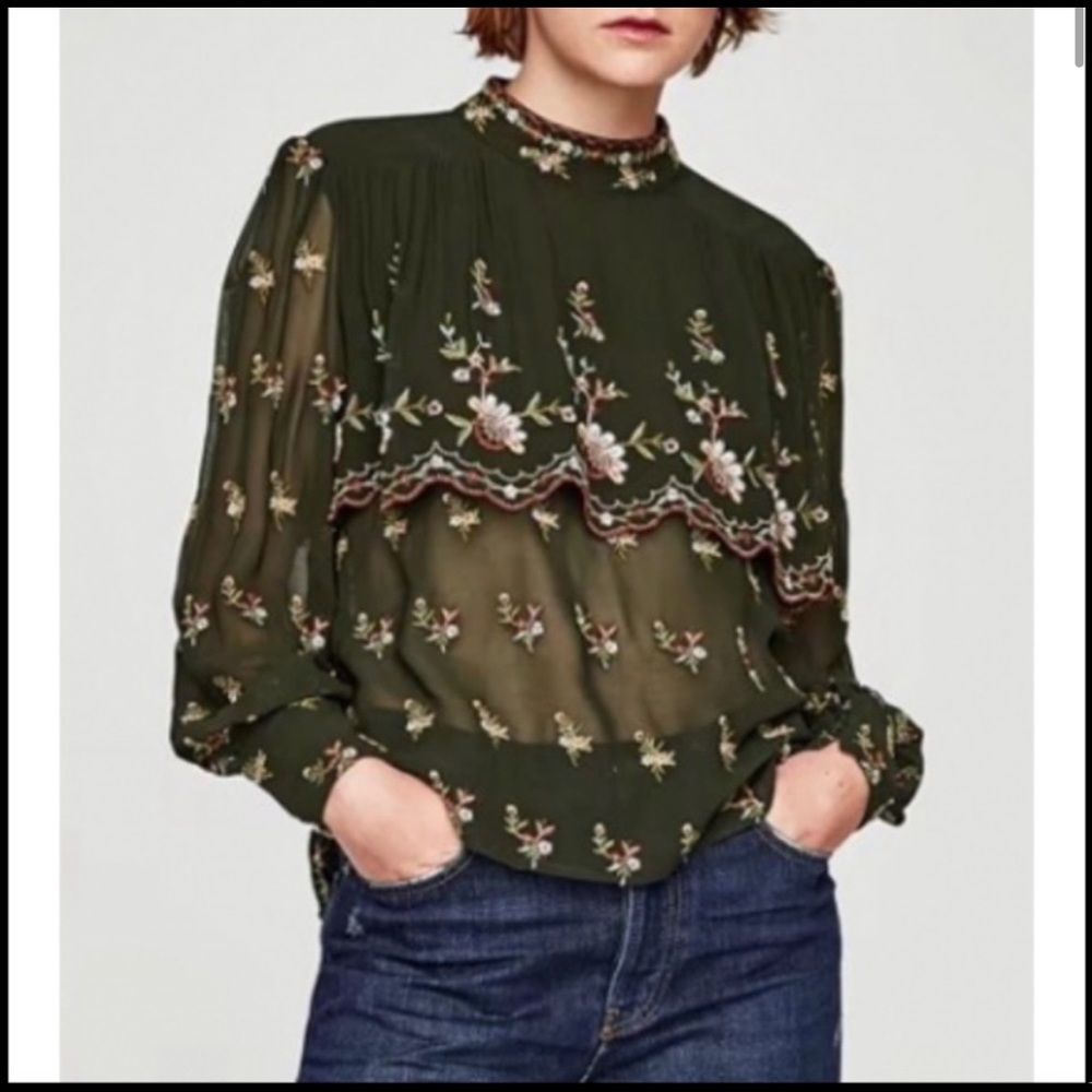 Zara Army Green Embroidered Floral Sheer Blouse